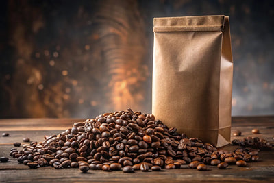 Coffee Beans Piled Next to Coffee Bag