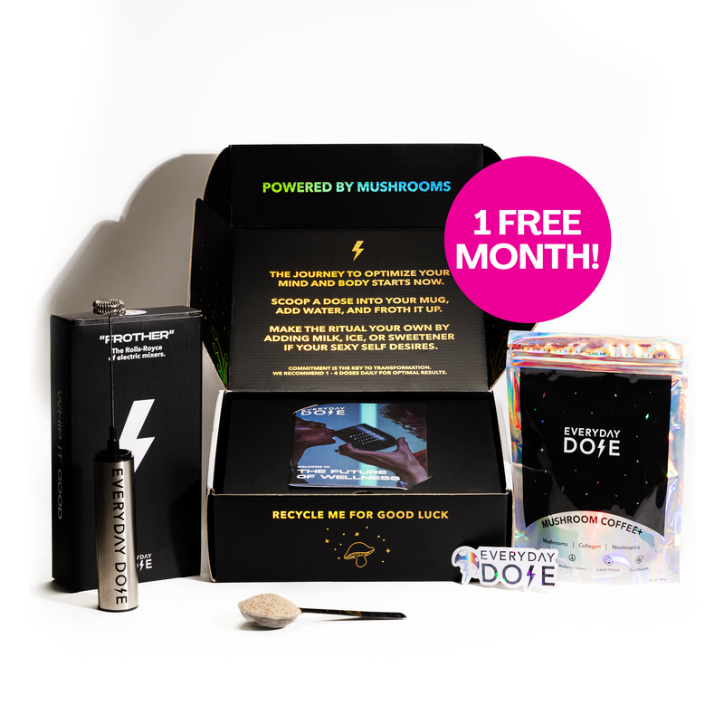 Gift 1 Month Everyday Dose subscription box with mushroom coffee products, instructions card, and preparation accessories