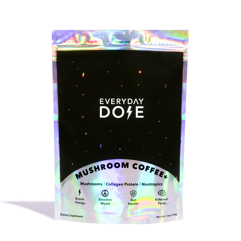 Everyday Dose 30-Servings Mushroom Coffee+ in holographic resealable pouch with black and silver design