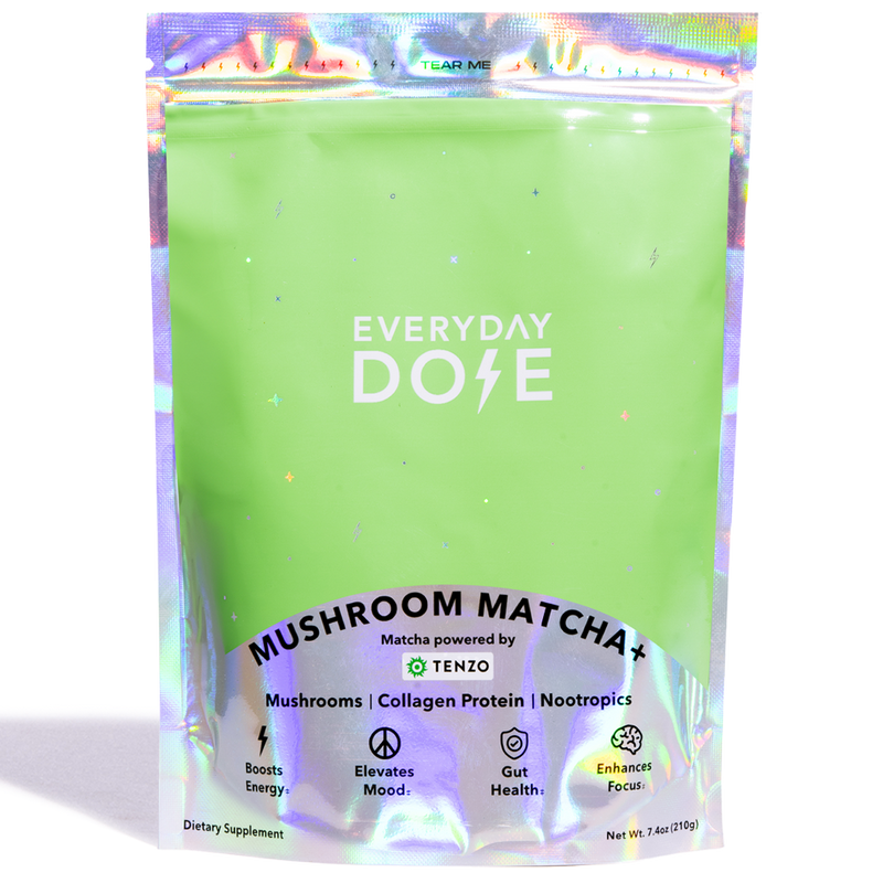 Green pouch of Mushroom Matcha+ with holographic elements showcasing wellness benefits and product features