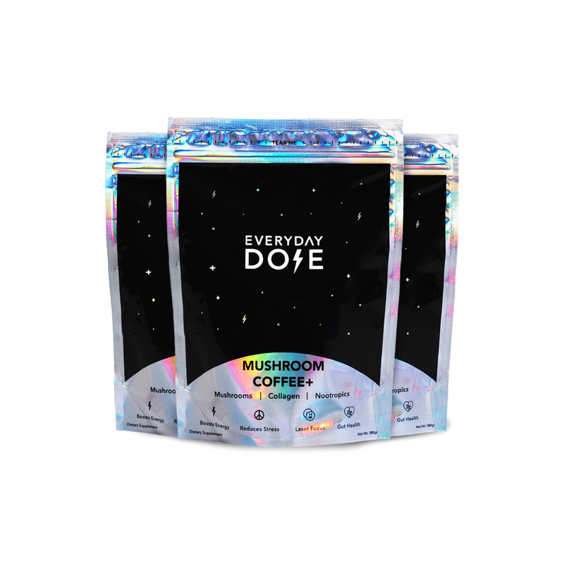 Pre Paid Annual Plan Mushroom Coffee plus supplement bags with holographic packaging on black starry background