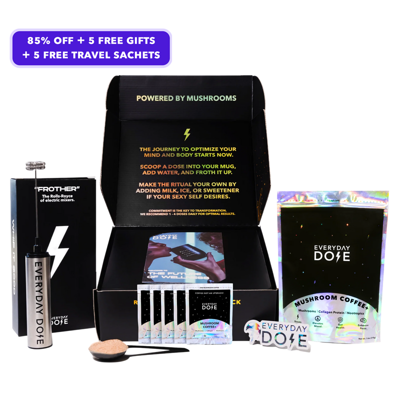 30 Serving of Mushroom Coffee + FREE Starter Kit + 1 Week of FREE Mushroom Coffee with travel sachets and mixer flask displayed