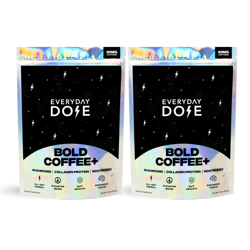 60-Servings Coffee+ Medium Roast bold coffee with mushrooms, collagen protein, nootropics for energy and focus, two packs shown.