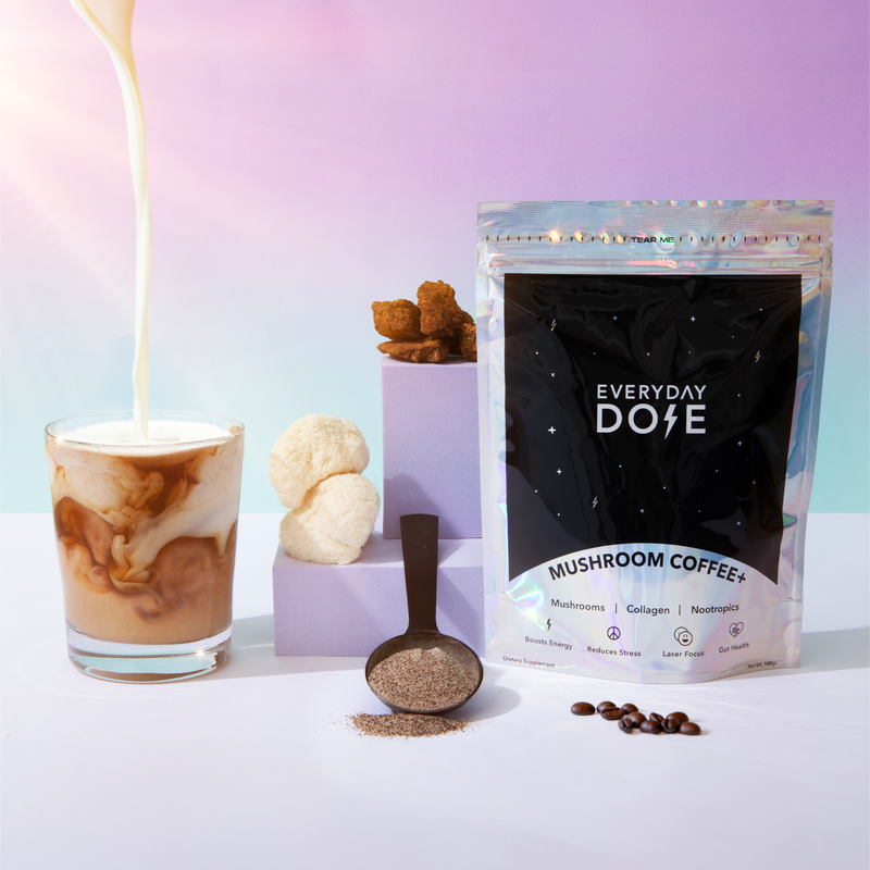 30 Serving of Mushroom Coffee + FREE Starter Kit + Mystery Gift (Mental Health Special) with milk pour and coffee powder display