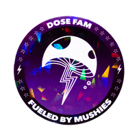 Fueled By Mushies holographic sticker with purple background, geometric mushroom design and lightning bolt accents