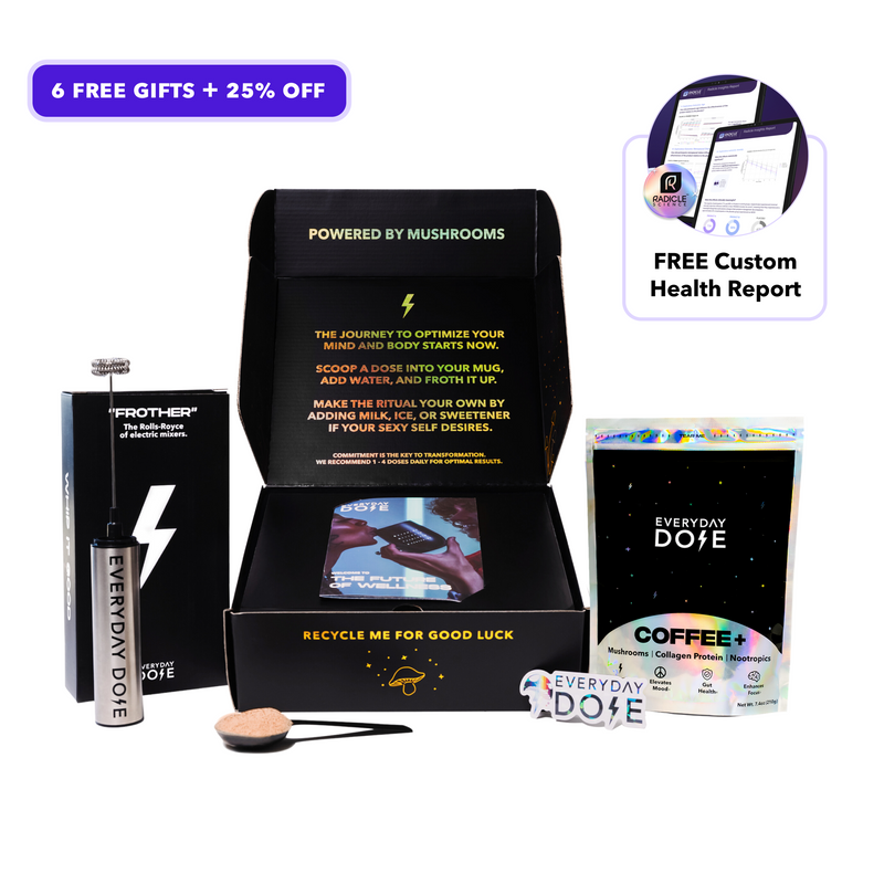 Mushroom Coffee starter kit with free health report, black box packaging, spoon and coffee container displayed