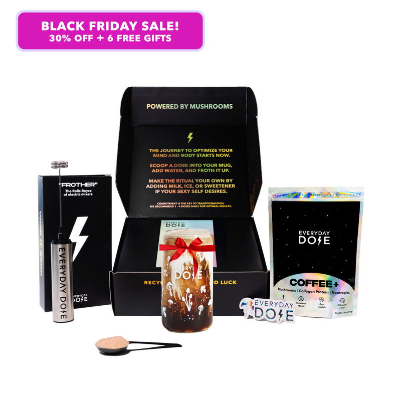 30 Serving of Mushroom Coffee + FREE Starter Kit + 1 FREE Mushroom Glass with coffee scoop and branded accessories.