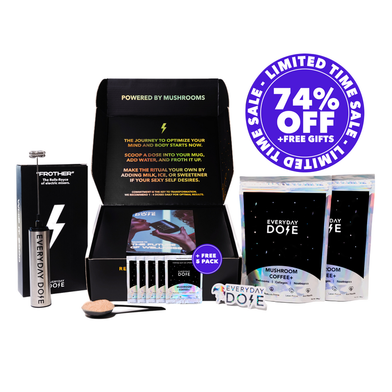 Mushroom Coffee 60 Servings bundle with black starter kit, spoon, and USB frother, includes 5 free sachets, 74 percent off