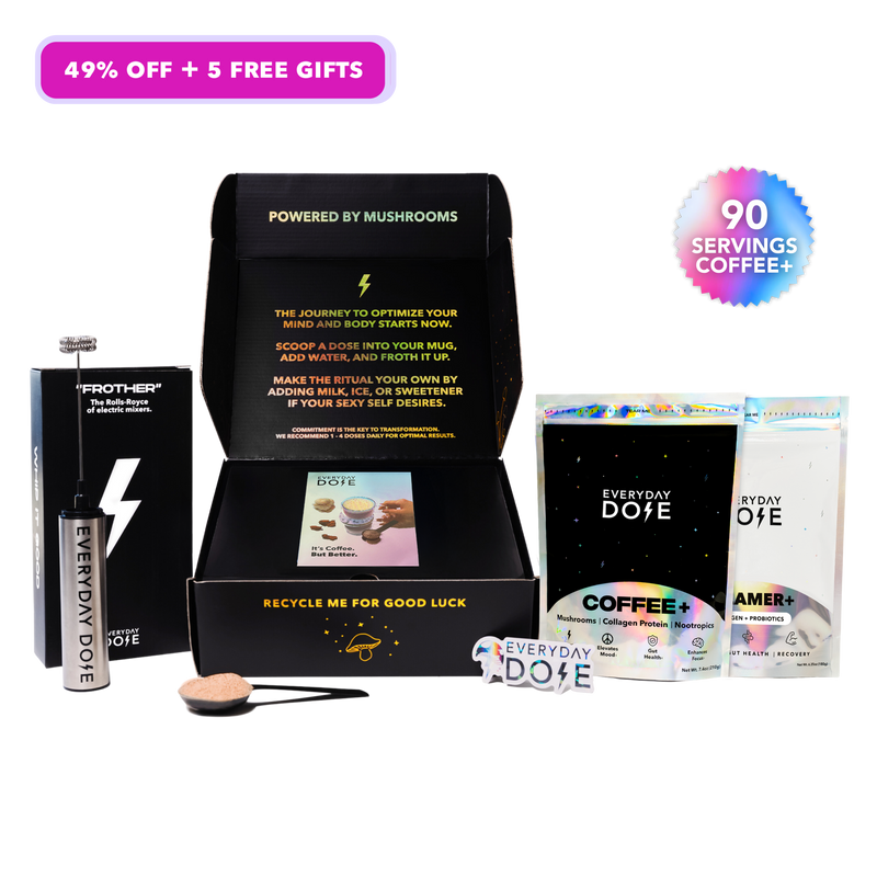 90 Servings of Coffee + FREE Starter Kit featuring functional mushroom coffee with collagen and nootropics for focus and energy.