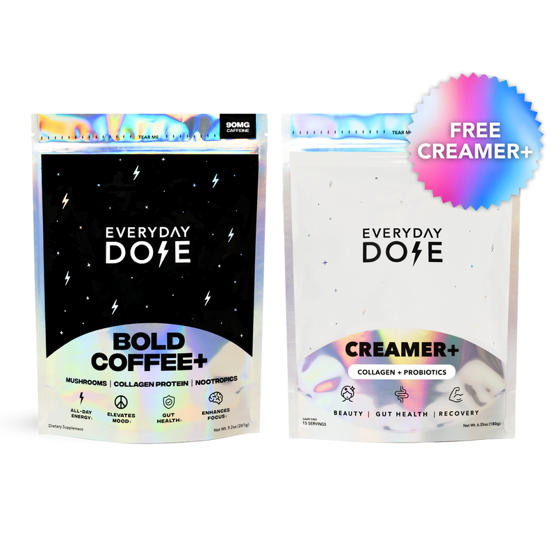 30 servings of Bold Coffee plus free Collagen Coconut Creamer bundle by Everyday Dose in holographic packaging