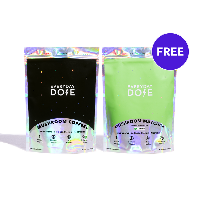 Two Everyday Dose pouches featuring mushroom coffee and free matcha blend in holographic packaging