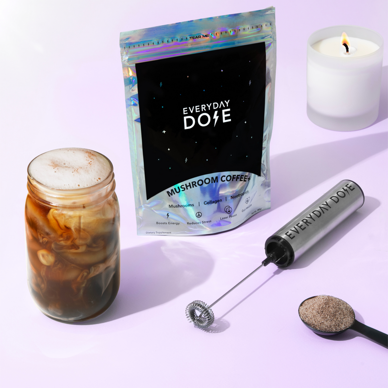 30 Serving of Mushroom Coffee + FREE Starter Kit (25% OFF Masterclass Special) with frothy drink, frother, and candle.