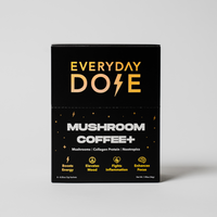 10-Pack Everyday Dose Mushroom Coffee+ box featuring energy boost and focus enhancement benefits