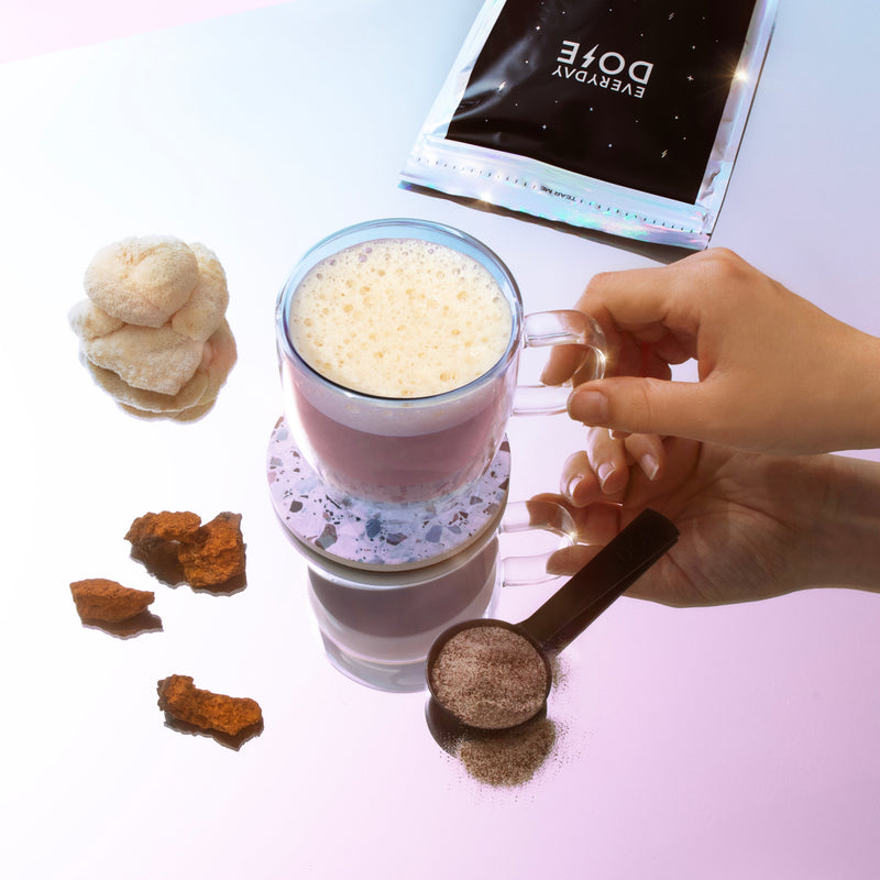 90 Serving Jumbo Bag with glass of frothy drink, measuring spoon, and ingredients displayed on pink surface