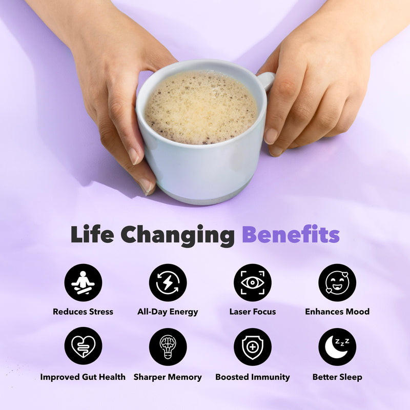 90 Serving Jumbo Bag shown with a light blue cup of frothy beverage, surrounded by wellness benefit icons on purple background