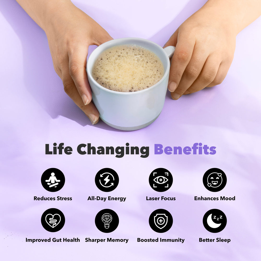 30 Serving of Mushroom Coffee + FREE Starter Kit with benefits like reduced stress, all-day energy, and enhanced mood.