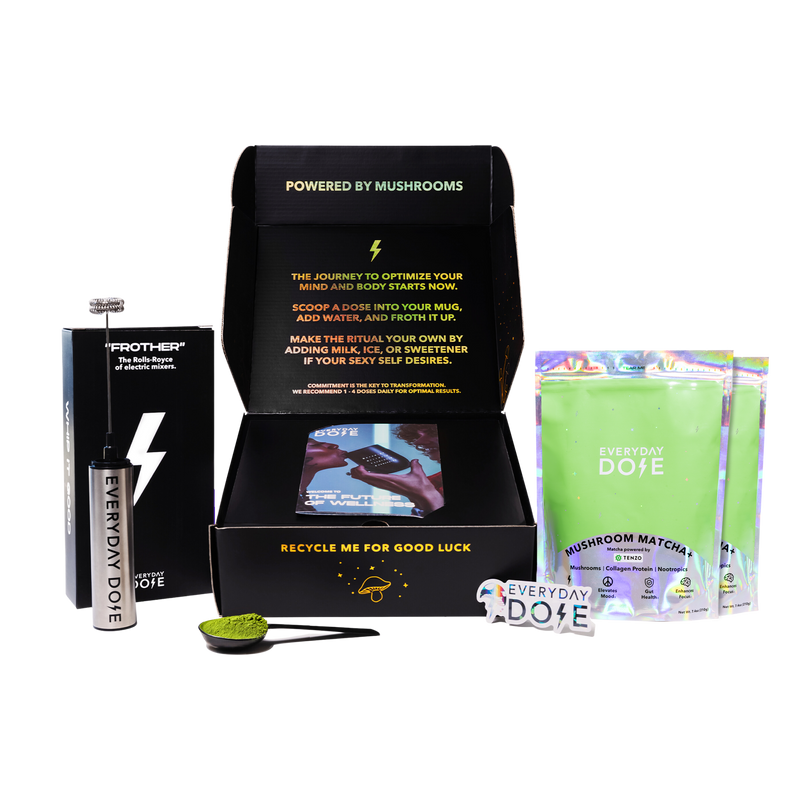 Mushroom Matcha starter kit with 60 servings displayed in black box with frother, measuring spoon and green powder packets