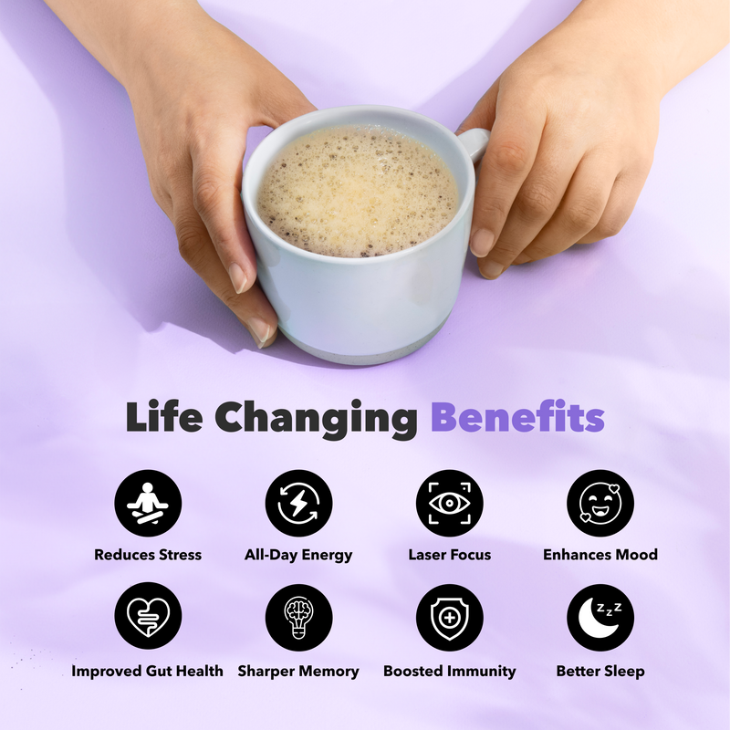 30 Serving of Mushroom Coffee + FREE Starter Kit showing a cup held by hands with icons of benefits like focus, mood, and energy