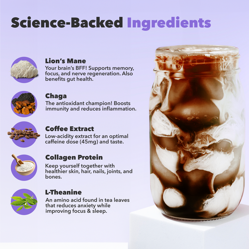 30 Serving of Mushroom Coffee + FREE Starter Kit showing ice coffee and ingredients like Lion’s Mane, Chaga, collagen, and coffee extract.