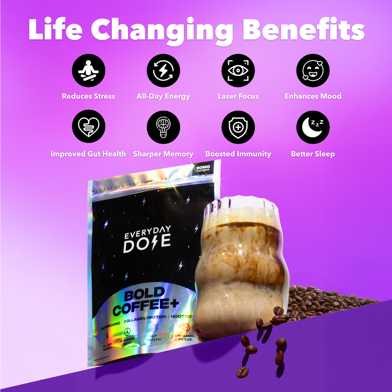30-Servings Coffee+ Medium Roast package with iced coffee and coffee beans highlighting life-changing benefits.