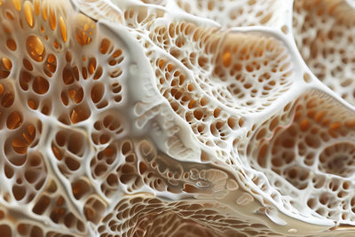 Macro close-up of mushroom mycelium showing cream-colored, lace-like porous network with warm amber highlights
