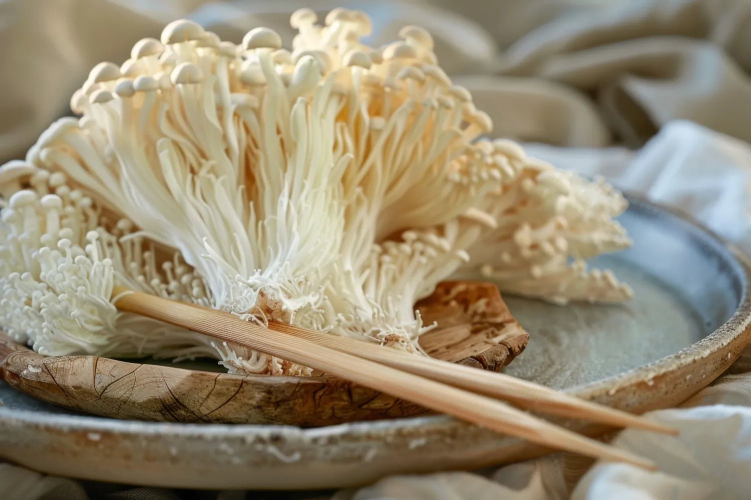 Cluster of white enoki mushrooms on a ceramic plate with wooden chopsticks and a soft linen background
