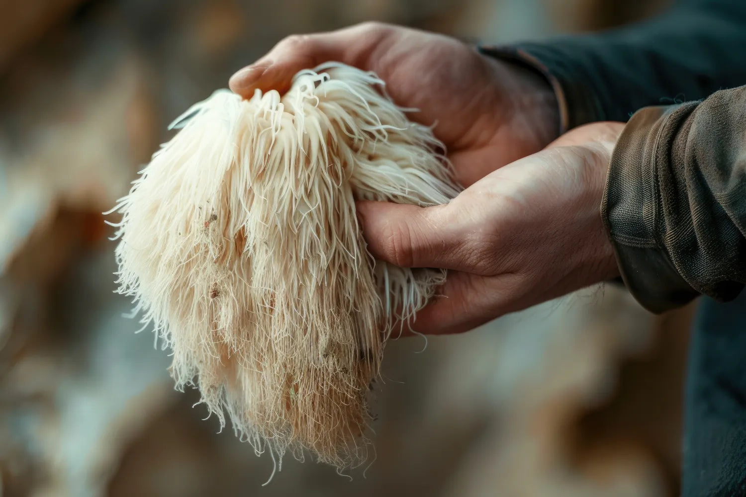 Close-up of lion’s mane mushroom held in hands showcasing long white shaggy spines with a soft blurred background