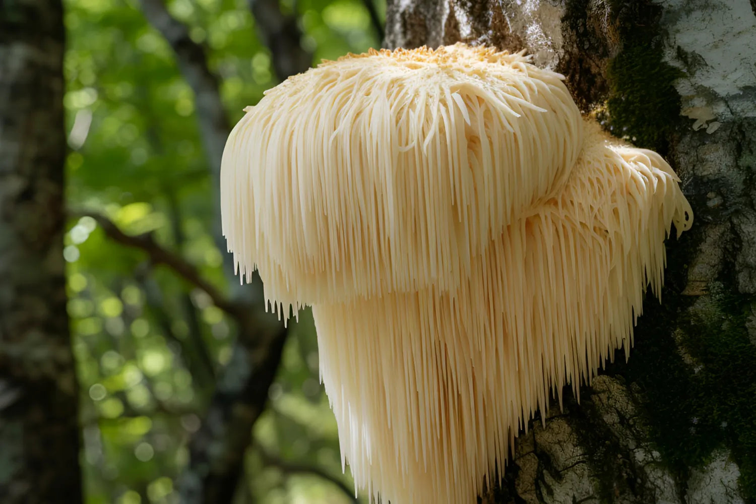 Lion’s mane mushroom growing on a mossy tree trunk in a sunlit forest