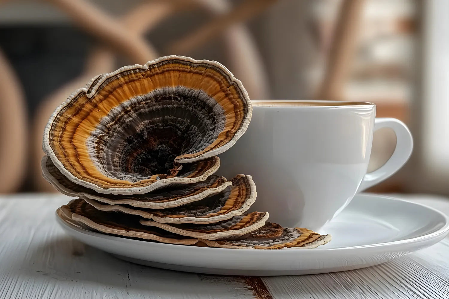 Turkey tail mushrooms stacked beside a white coffee cup on a saucer on a wooden table, close-up