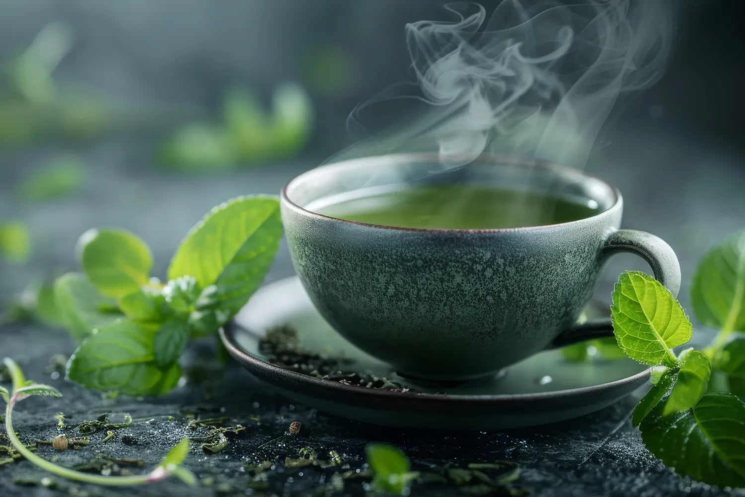 Steaming cup of green tea on a saucer surrounded by fresh mint leaves and loose tea on a dark textured surface
