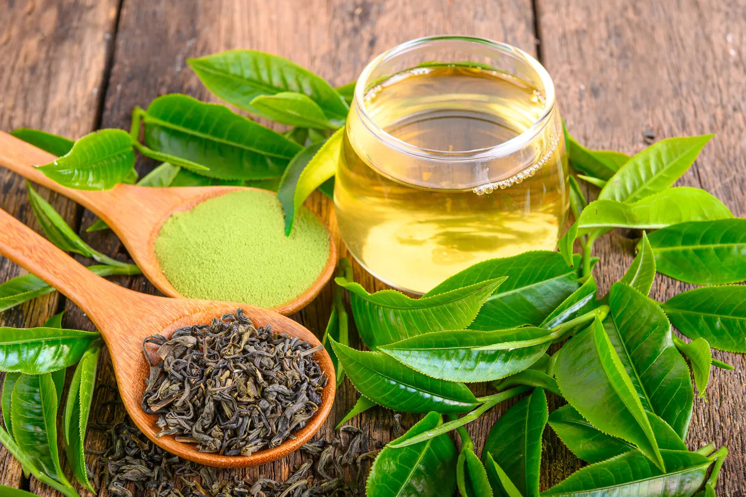 Fresh green tea leaves, dried tea leaves, and matcha powder in wooden spoons beside a glass of brewed green tea on a wooden table