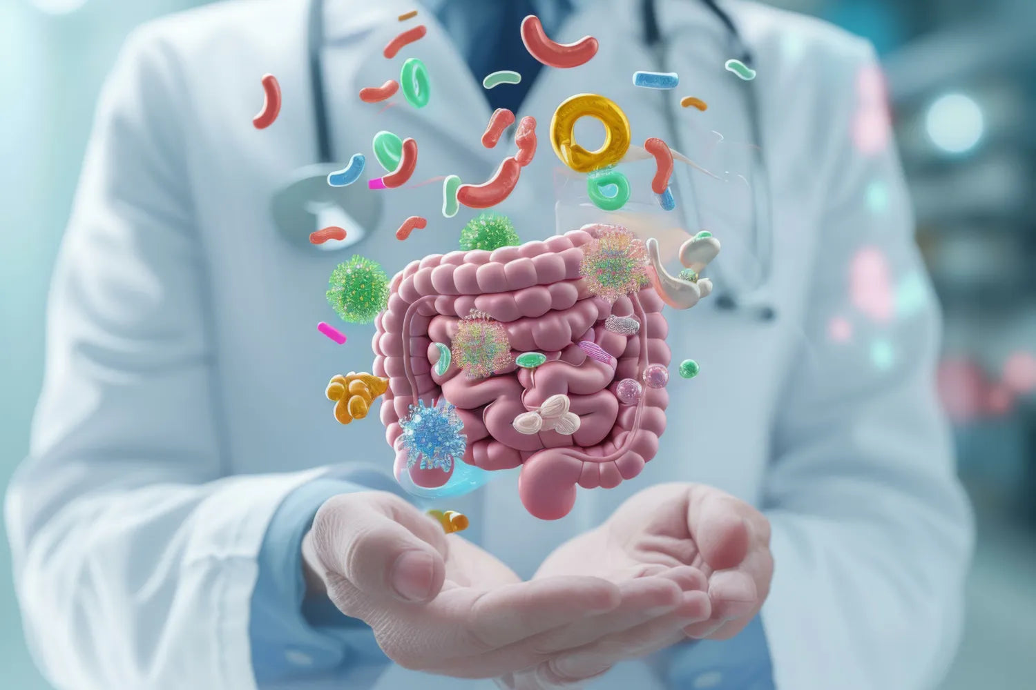 Doctor holding a 3D illustration of the human intestines surrounded by colorful gut microbes in a clinical setting