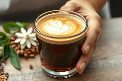 Hand holding a glass cup of latte with leaf latte art on a wooden table with scattered coffee beans and a white flower