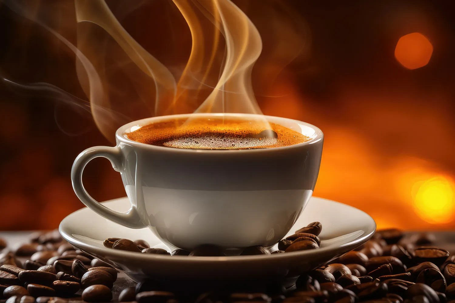 Steaming cup of black coffee on a white saucer surrounded by roasted coffee beans with warm orange bokeh background
