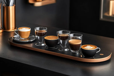 Tray with six espresso drinks on a black counter, including two latte cups with latte art and four small espresso glasses