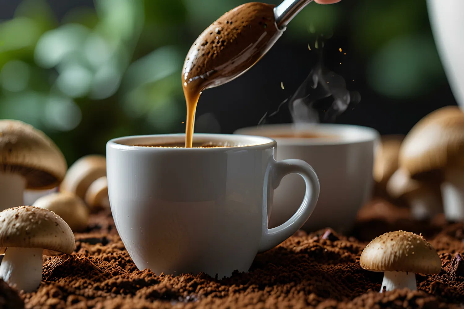 White cups of mushroom coffee with a spoon pouring crema into one cup, surrounded by fresh mushrooms and coffee grounds