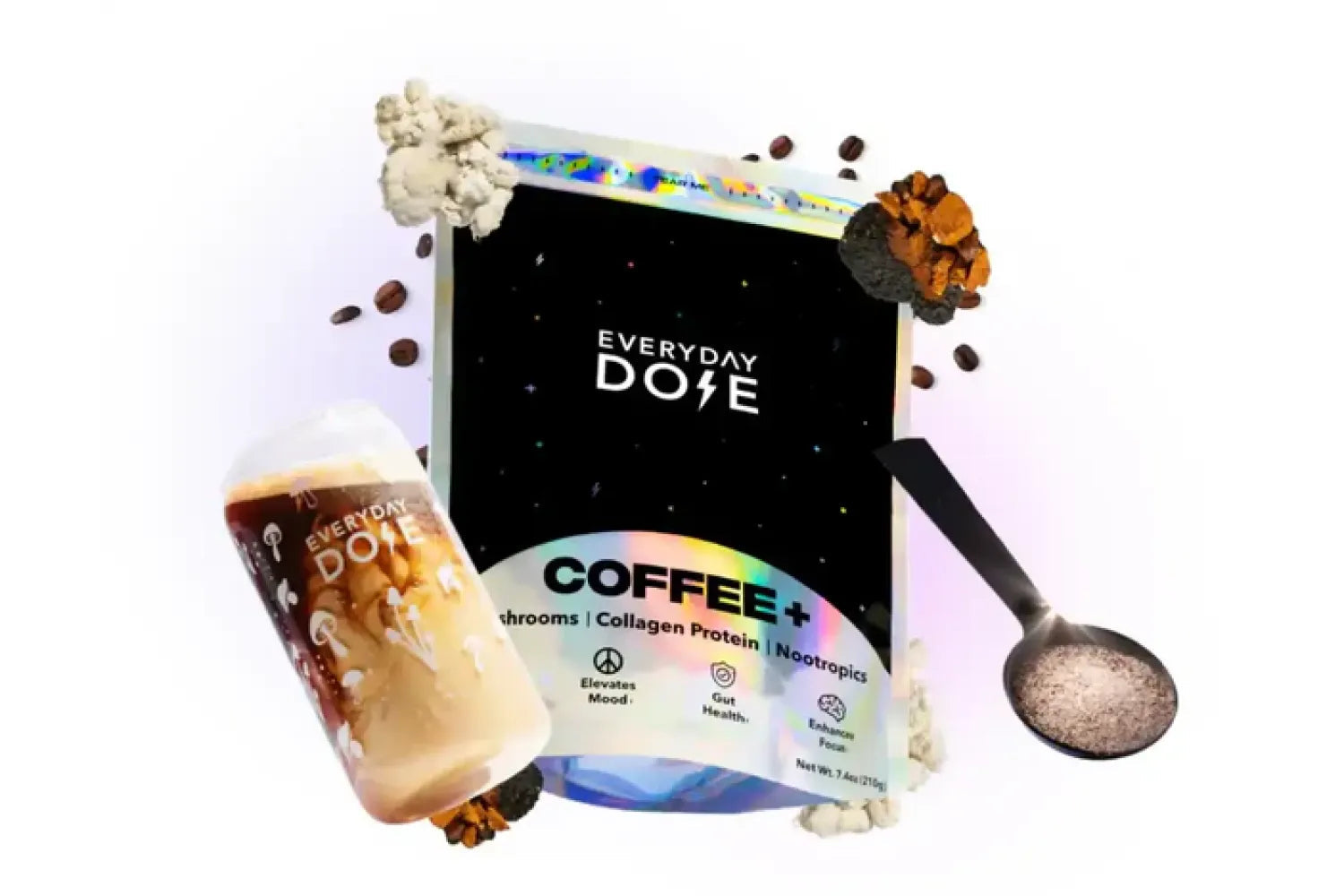 Front view of Everyday Dose Coffee+ pouch labeled “Coffee+ Mushrooms | Collagen Protein | Nootropics” with an iced latte, scattered coffee beans, and a spoon of powder on a white background