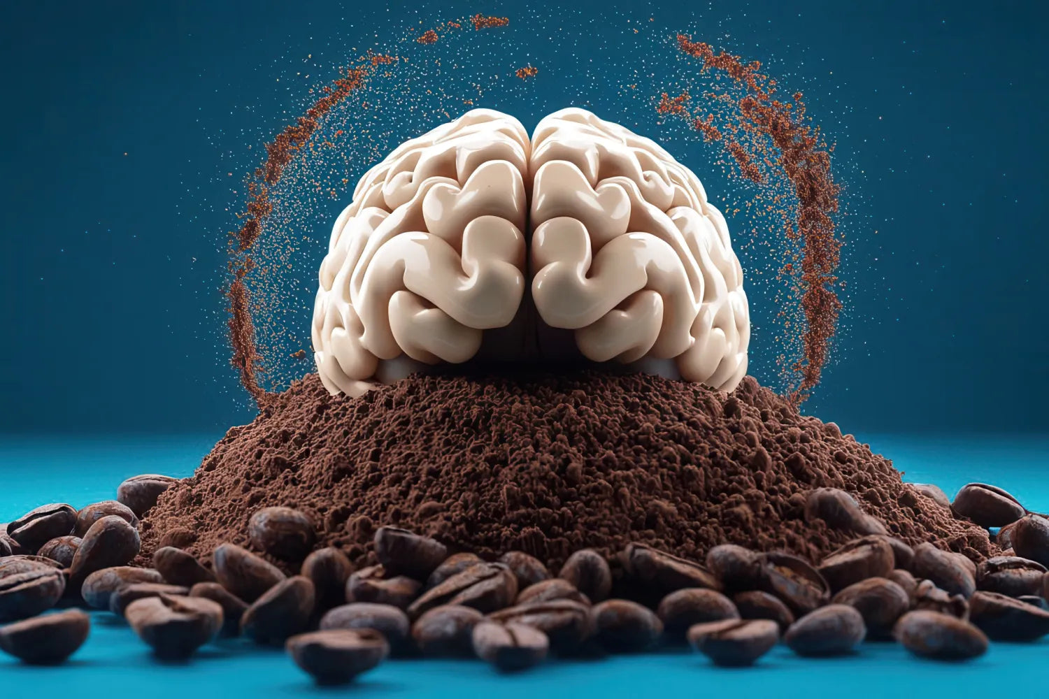 Brain model resting on a mound of ground coffee with coffee beans scattered and coffee dust swirling against a teal background