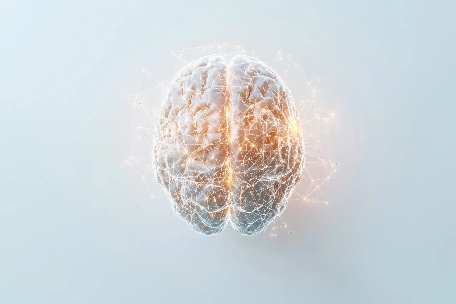 Front view illustration of a human brain with glowing neural connections representing cognitive function