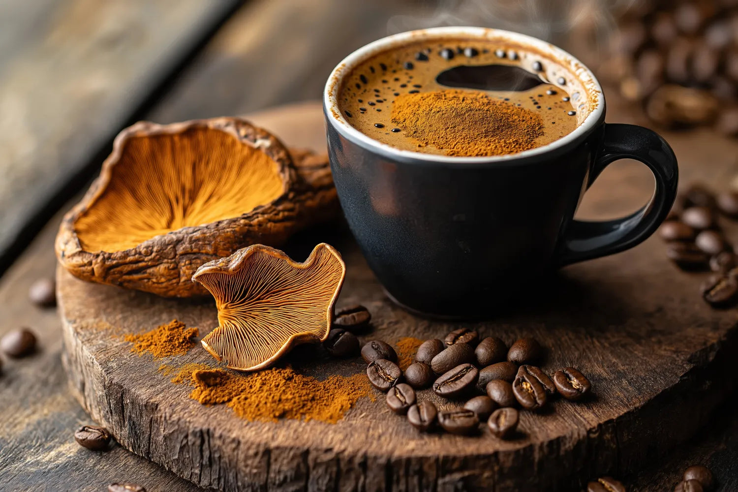 Steaming cup of mushroom coffee topped with powdered mushroom, surrounded by dried mushrooms and coffee beans on a rustic wooden board