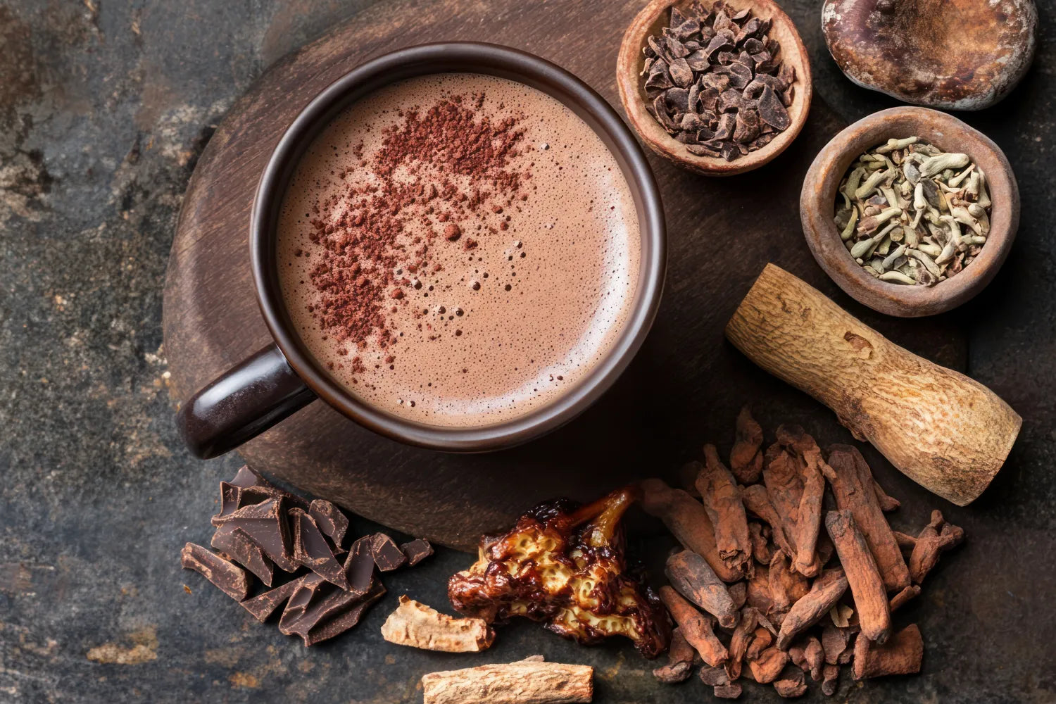 Top-down view of a mug of frothy mushroom coffee surrounded by cocoa, dried adaptogen roots and spices on dark wood