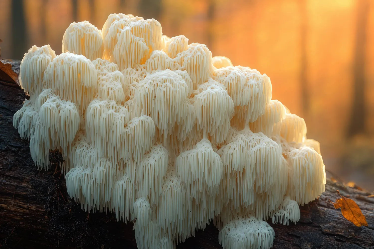 Cluster of white lion’s mane mushrooms growing on a fallen log with warm golden forest light in the background