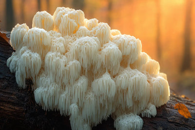 Cluster of white lion’s mane mushrooms growing on a fallen log with warm golden forest light in the background