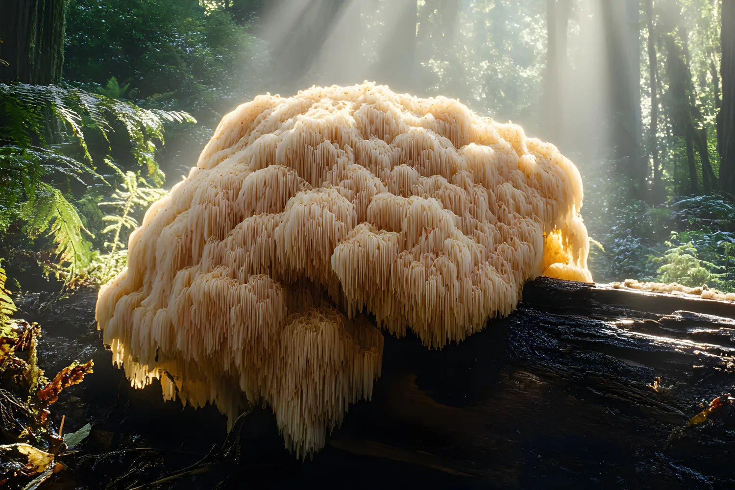 Lion’s mane mushroom growing on a mossy log in a sunlit forest