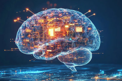 Glowing digital brain made of circuitry and data nodes representing brain-computer interfaces on a dark background