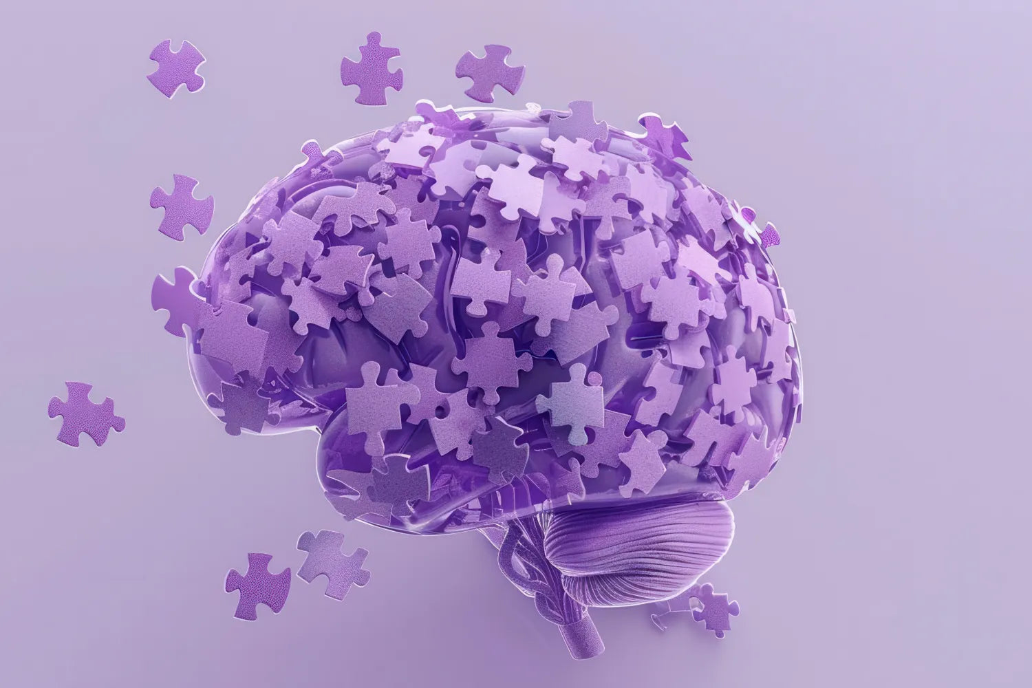 Purple translucent brain made of scattered puzzle pieces on a pale lavender background, symbolizing neuroplasticity and mental exercise