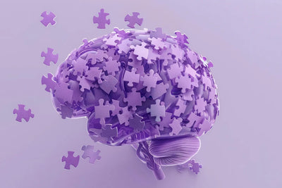 Purple translucent brain made of scattered puzzle pieces on a pale lavender background, symbolizing neuroplasticity and mental exercise