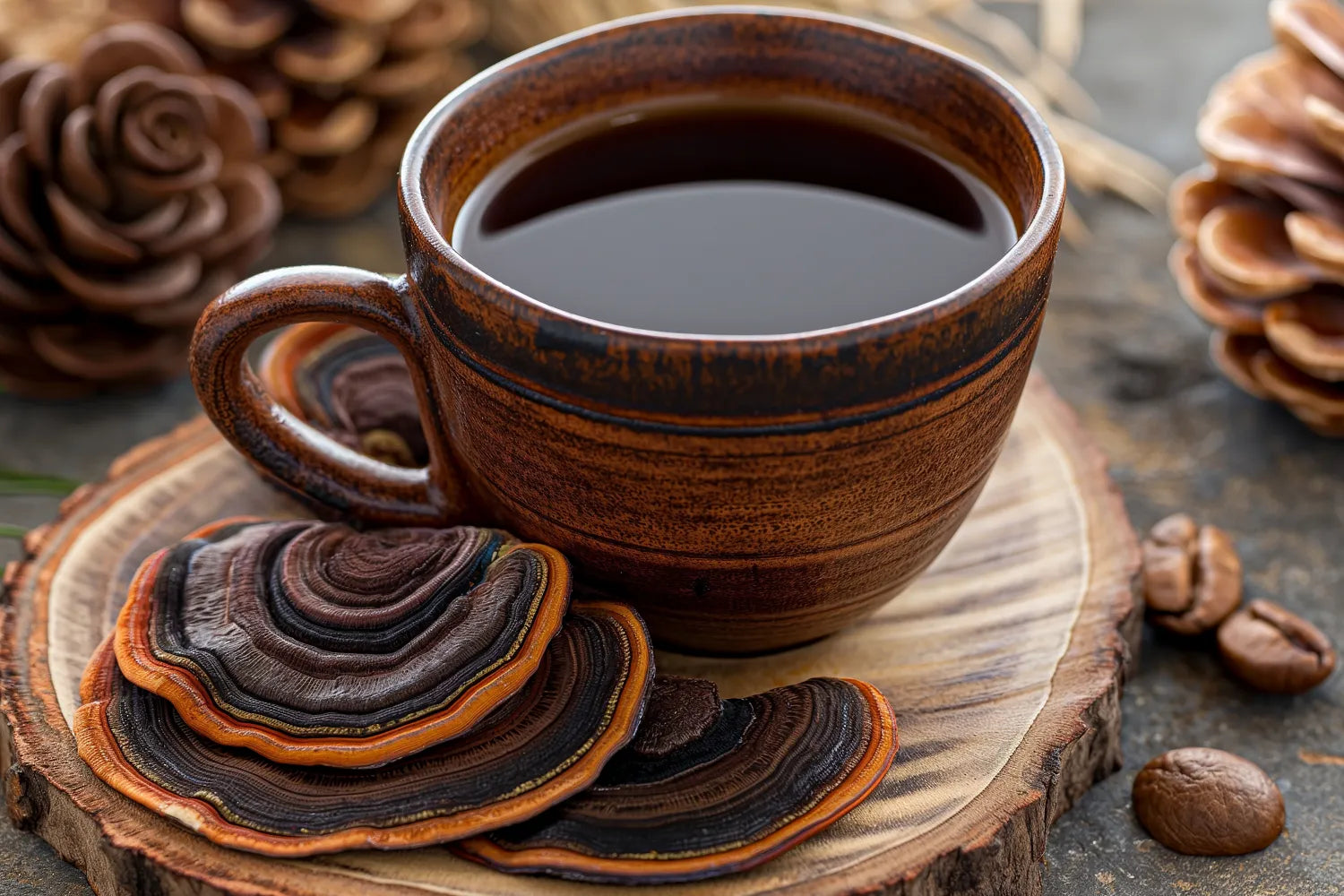 Brown ceramic cup of black mushroom coffee on a wood slice with reishi mushrooms and scattered coffee beans, rustic setting