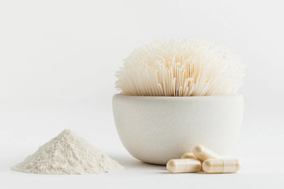 Close-up of a lion’s mane mushroom in a ceramic bowl with a mound of mushroom powder and three beige supplement capsules on a white background