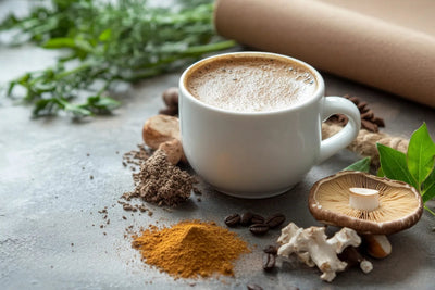 Frothy mushroom coffee in a white cup on a gray surface, surrounded by mushroom pieces, coffee beans, and powdered adaptogens